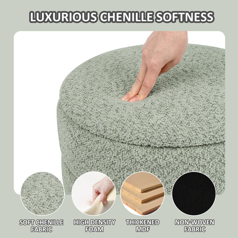 PINPLUS Round Chenille Storage Ottoman, Tray Top, 58x58x44 cm, Sage Green
