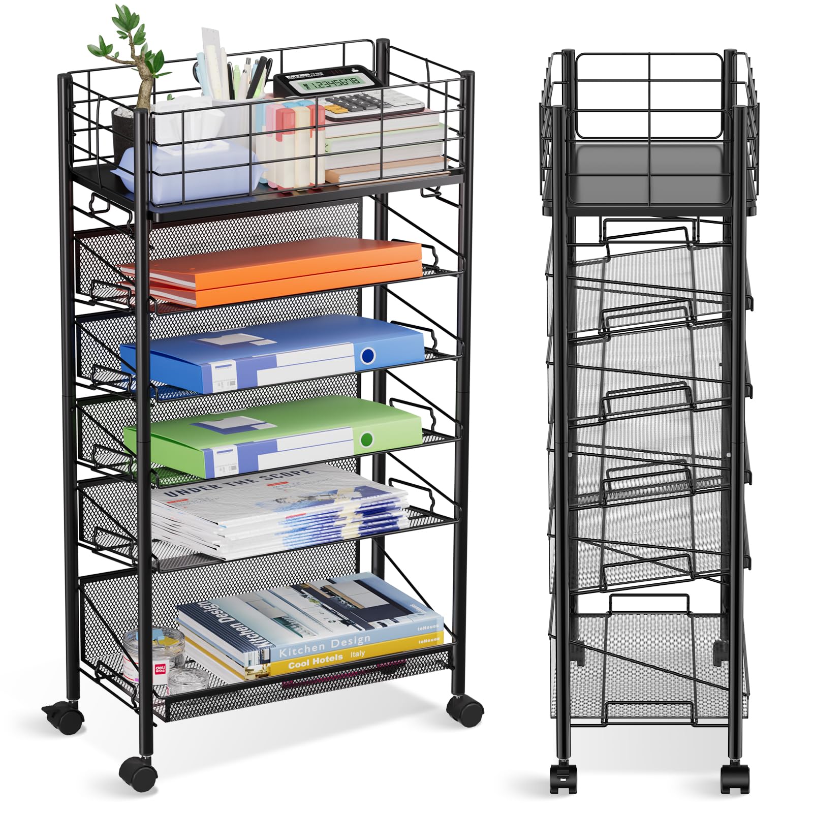 Shrivee 6-Tier Metal Rolling File Cart with Wheels, Black & White, Modern Office/Home/School Teacher Classroom File Organizer, Space-Saving