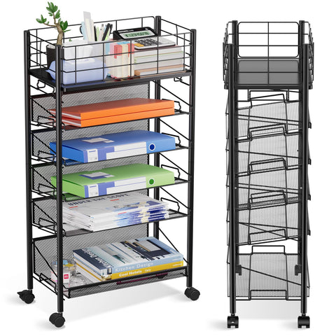 Shrivee 6-Tier Metal Rolling File Cart with Wheels, Black & White, Modern Office/Home/School Teacher Classroom File Organizer, Space-Saving