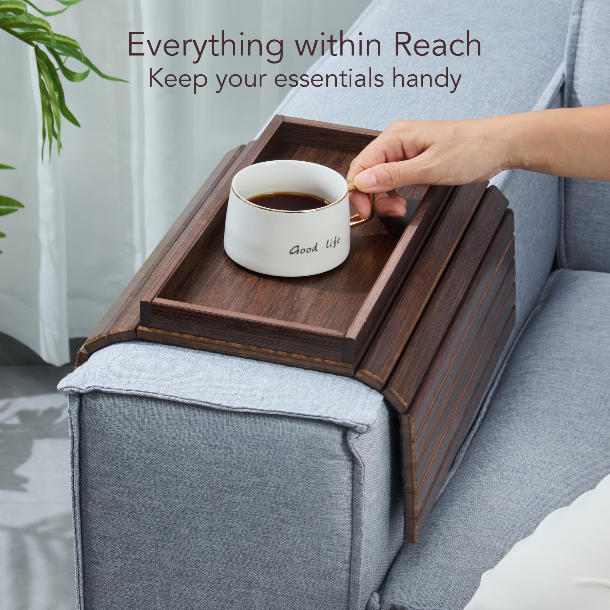 DETOR Sofa Arm Tray with Spacious 31.5 × 14 cm Storage Box, Walnut Bamboo Finish, Enhanced Non-Slip Felt Base, Fits Armrests 15.5 cm and Wider
