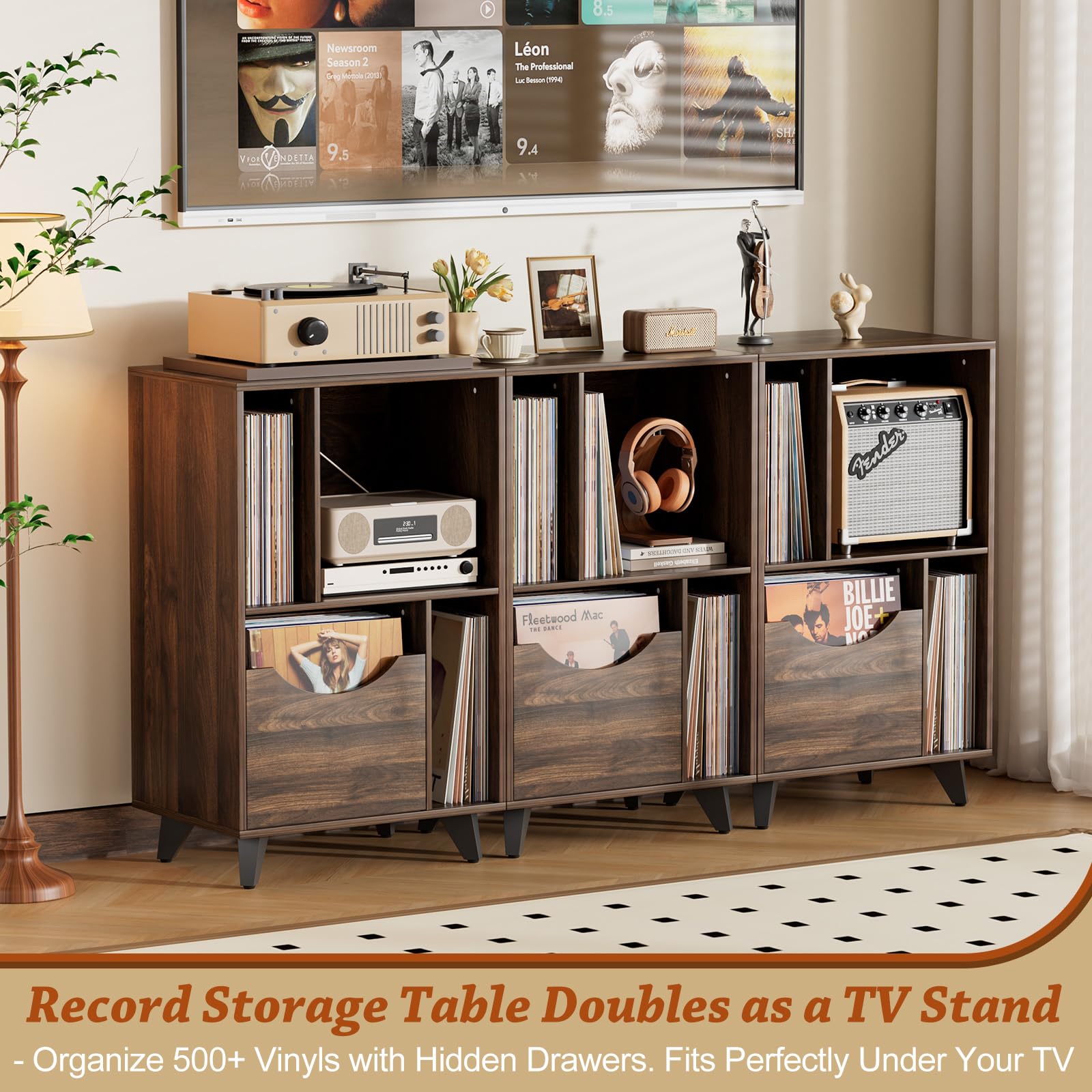 Bikoney Record Player Stand with Vinyl Storage Drawer and Cabinet