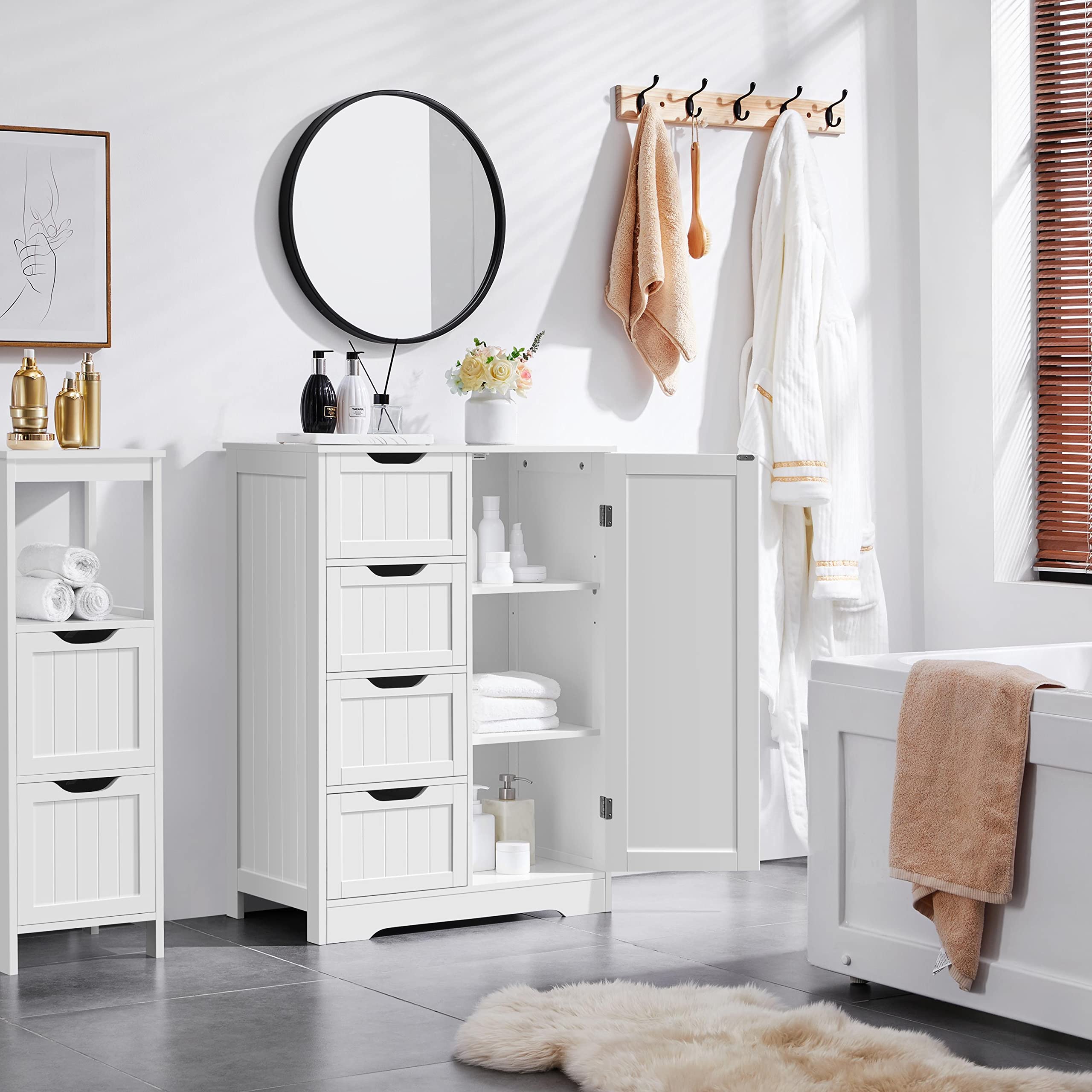 Yaheetech Large Bathroom Cabinet with 4 Drawers & Door, Adjustable Shelf