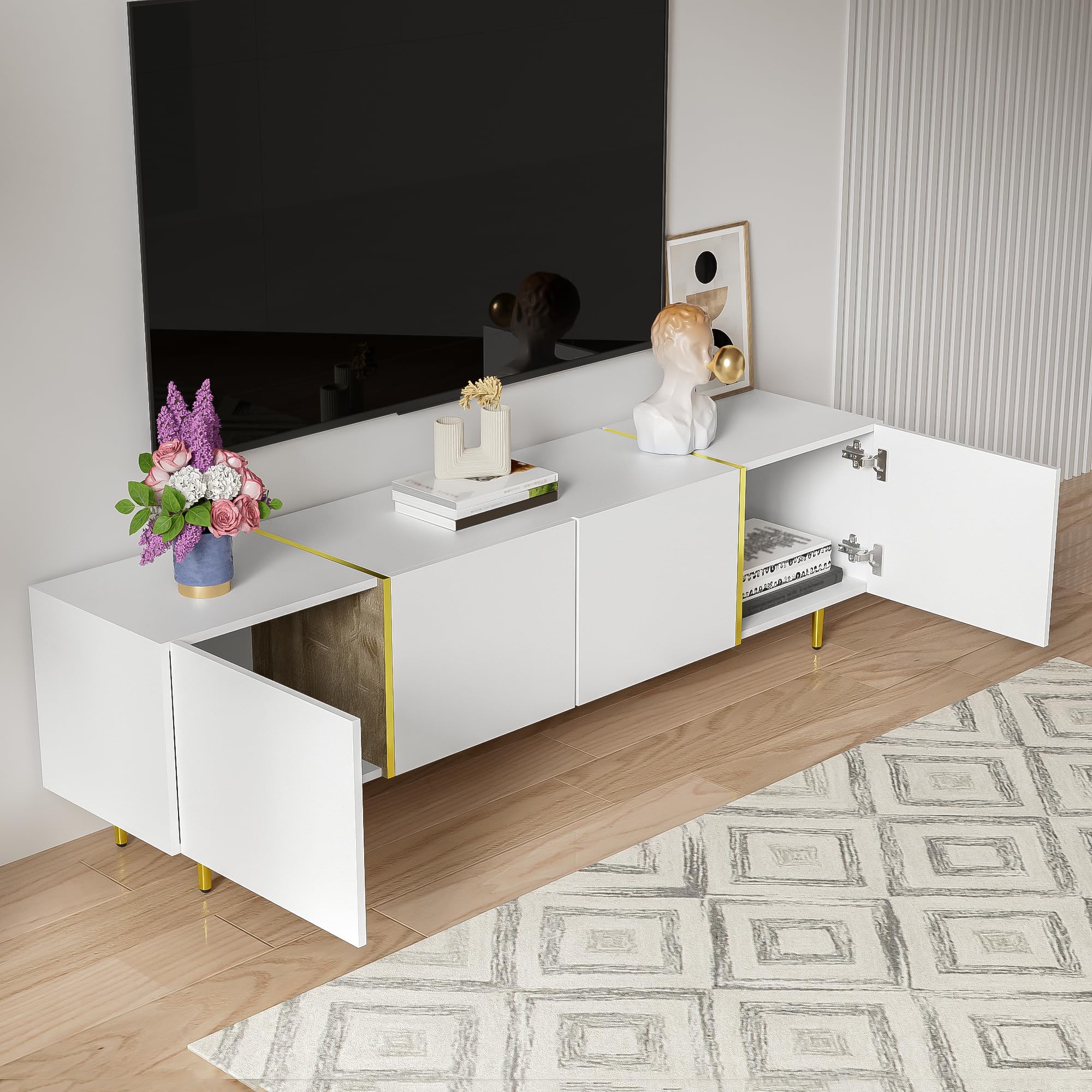 Ball & Cast High-gloss TV Cabinet with 4 Doors, White TV Stand Cabinet with Storage, 170x35x46cm