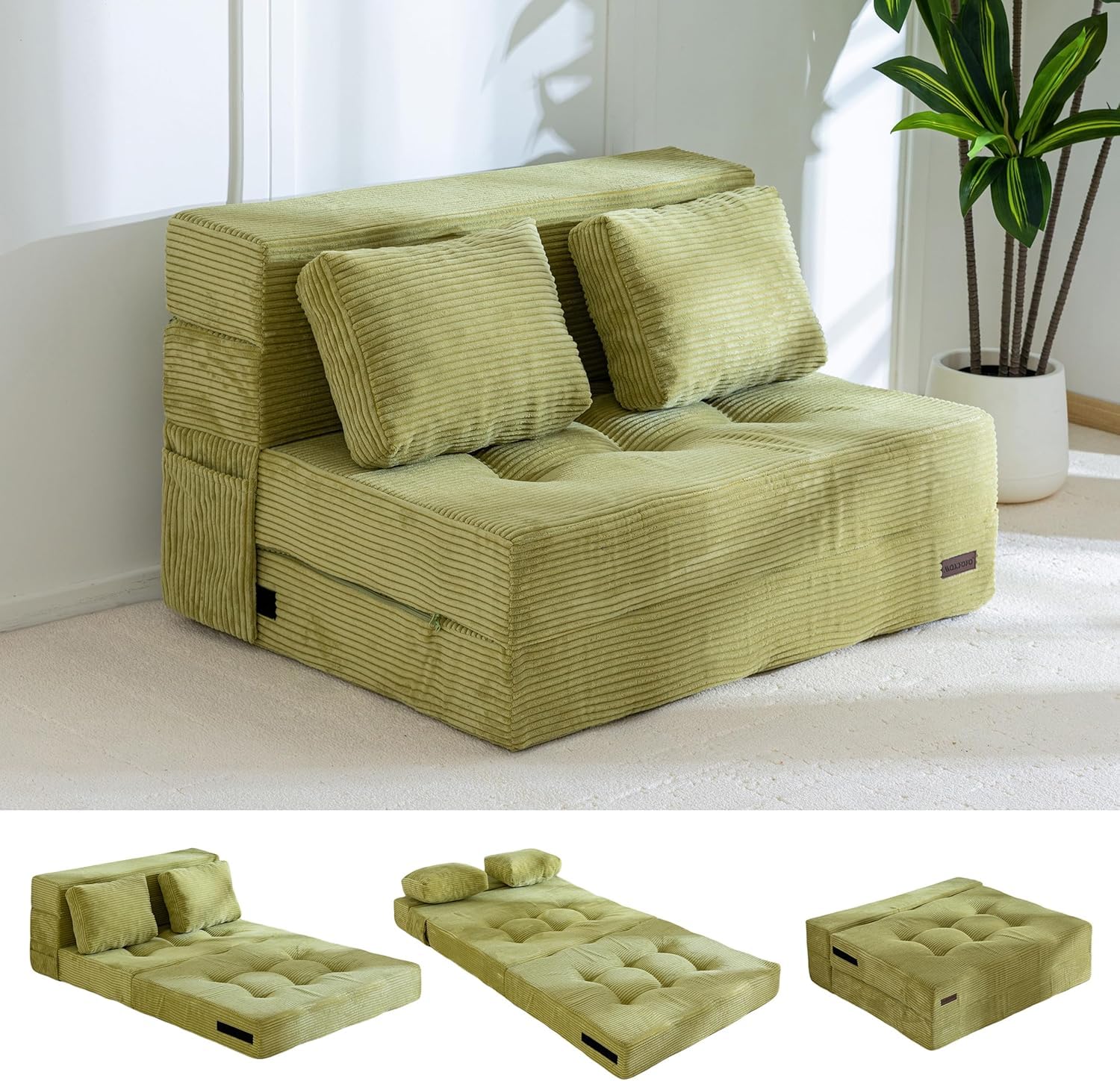 MAXYOYO Folding Foam Sofa Bed, Tri-Fold Mattress with 2 Pillows, Convertible Sofa Chair Futon Z Bed with 15cm Thincken Foam