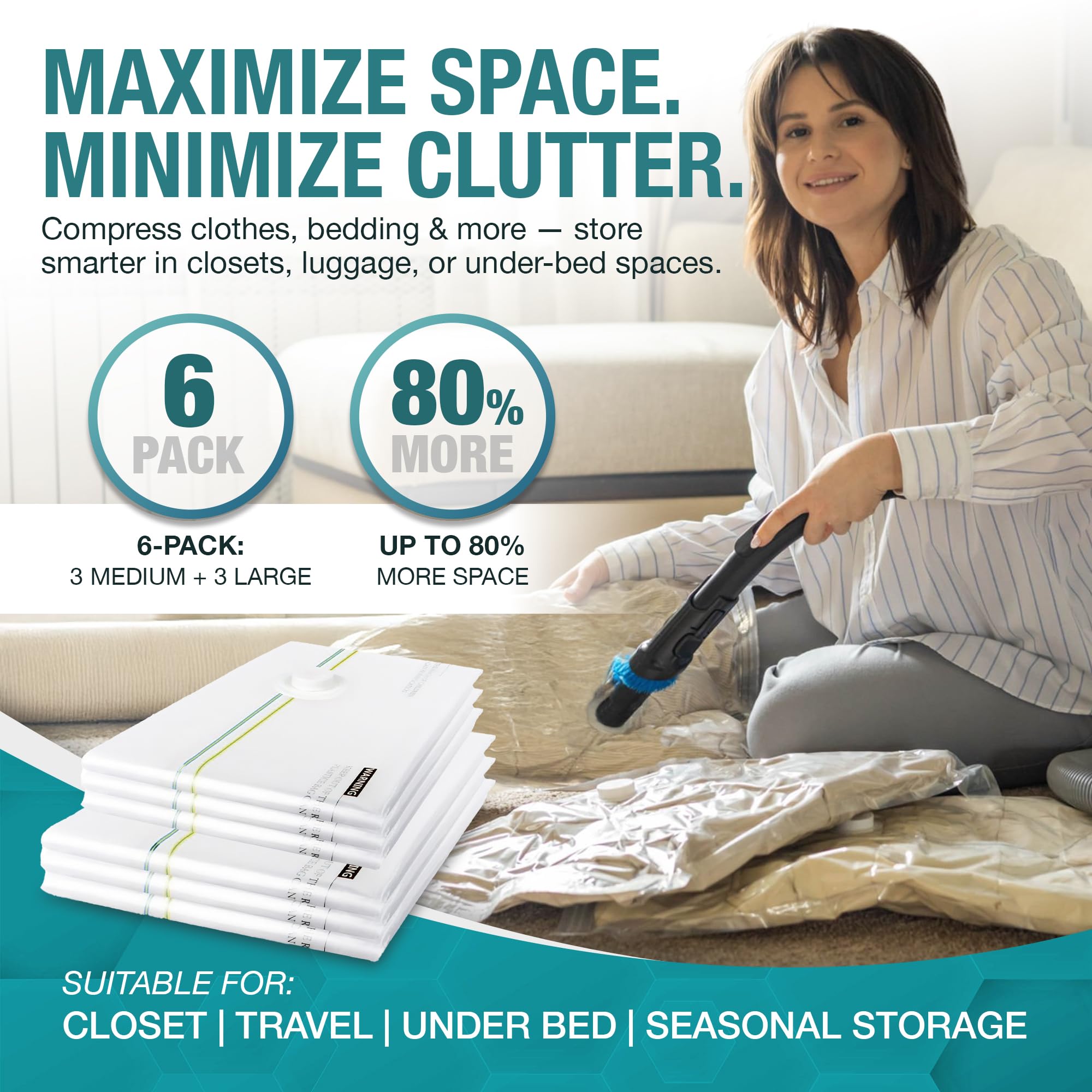 GILLKIR Vacuum Storage Bags - Assorted 6-Pack Including 3 Large & 3 Medium Compression Vacuum Bags for Clothes, Bedding - Durable