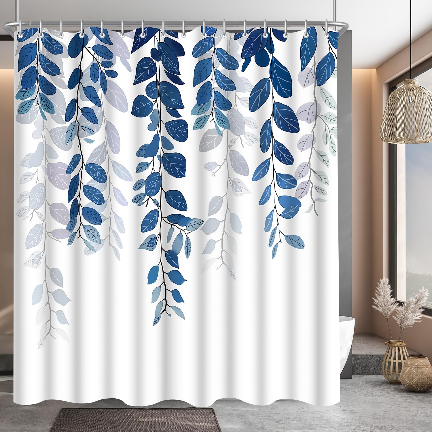 Lerores Shower Curtain, 240 x 180 cm, Blue Leaf, Weighted Hem, Anti-Mould Textile, Water-Repellent
