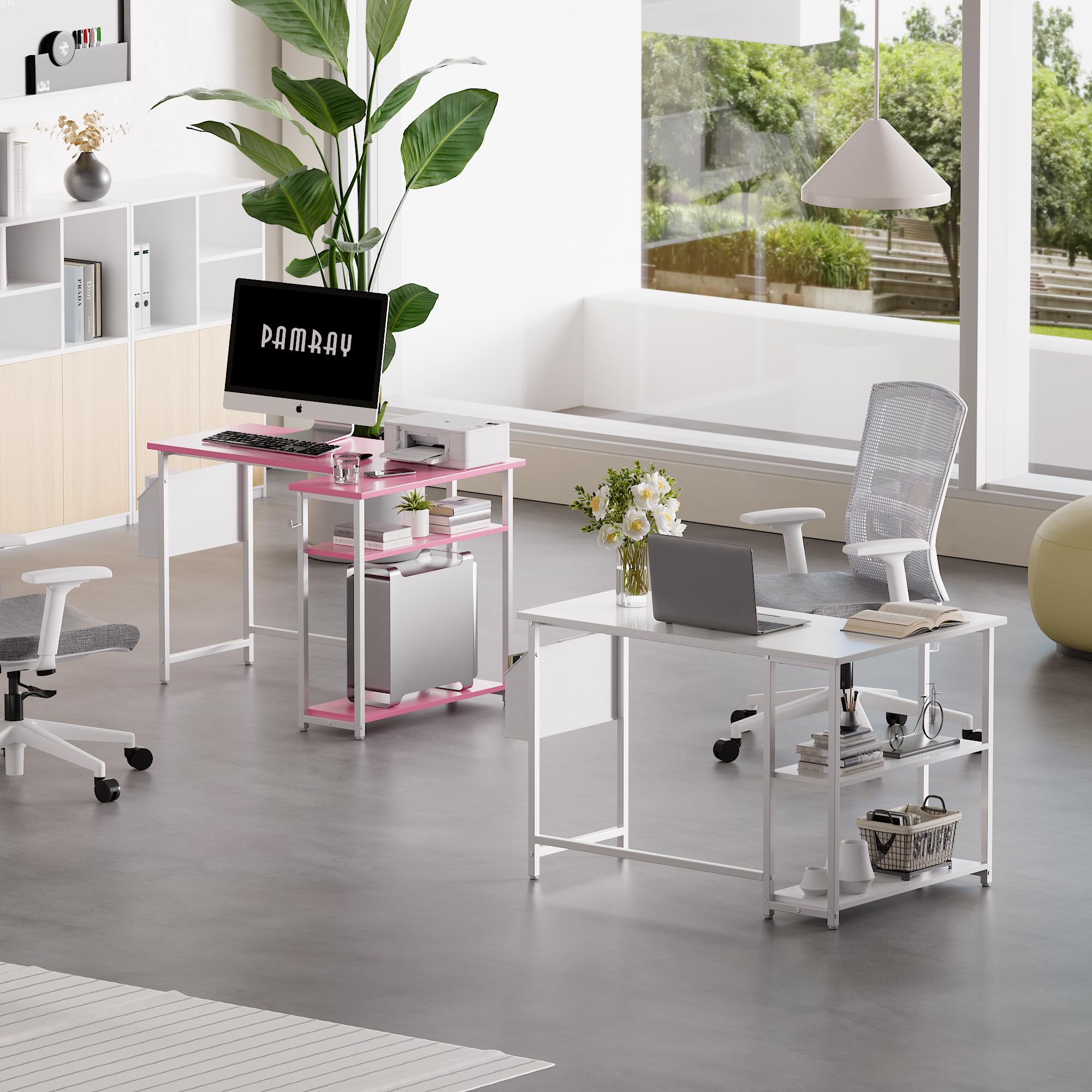PAMRAY 100 cm L Shaped Computer Desk with Reversible Side Storage Shelves, Small Corner Desk for Small Space Home Office,Writing Study PC Table for