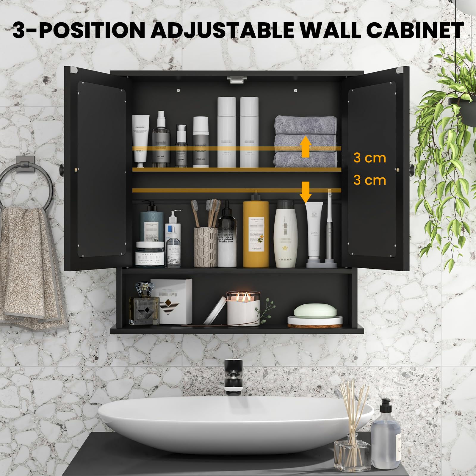 RELAX4LIFE Bathroom Mirror Cabinet, Wall Mounted Display Organizer Unit with Mirror, Double Door & Adjustable Shelf