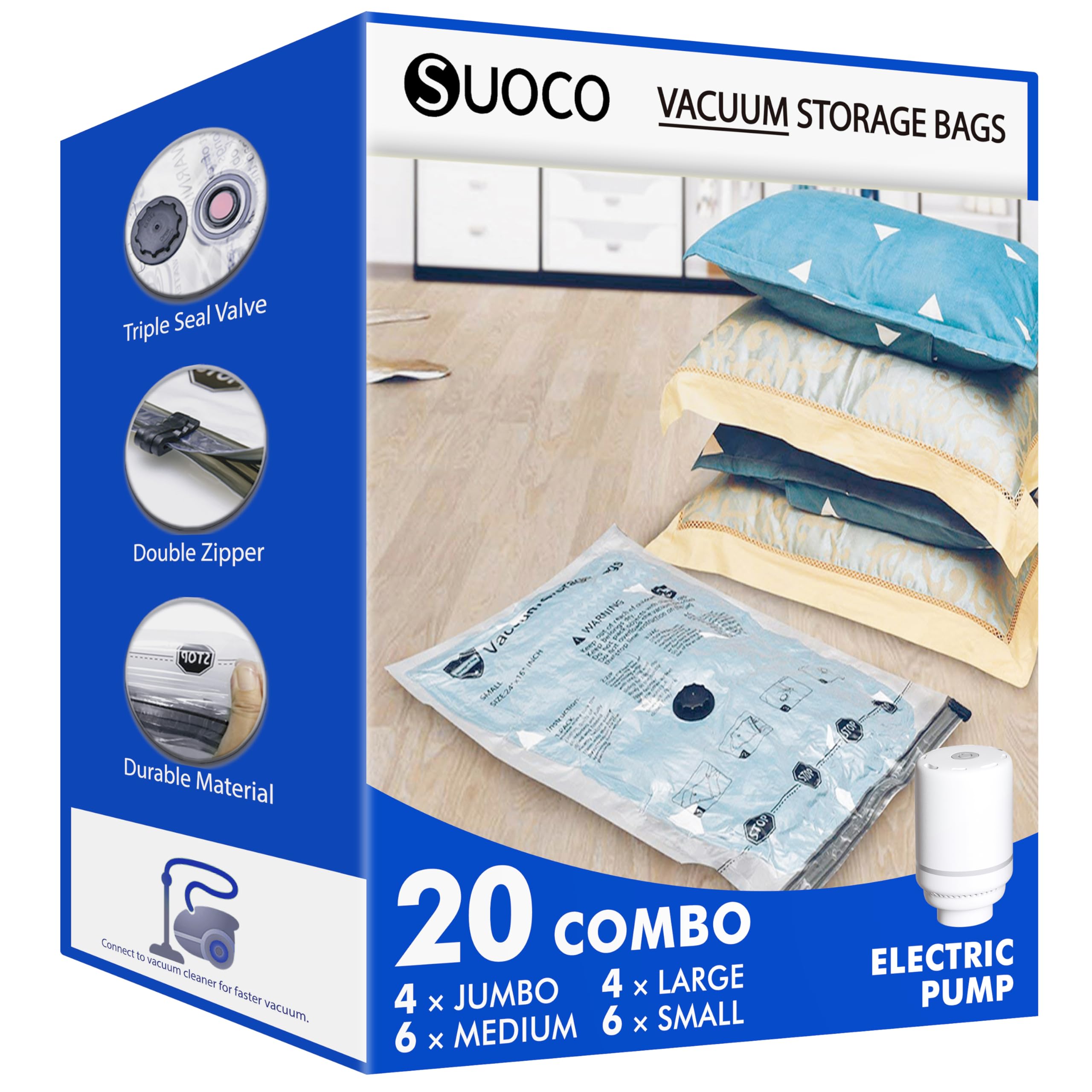 Vacuum Storage Bags with Electric Pump 20 Combo, (4 Jumbo, 4 Large, 6 Medium, 6 Small) Travel Compression Seal Space Saver Bags for Clothes, Duvets