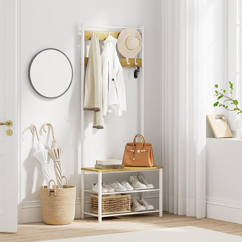 HEYZOEY Coat Stand, Coat Rack with Shoe Storage, 3-in-1 Freestanding Wooden Coat Rack with Shoe Bench and ShoeRack