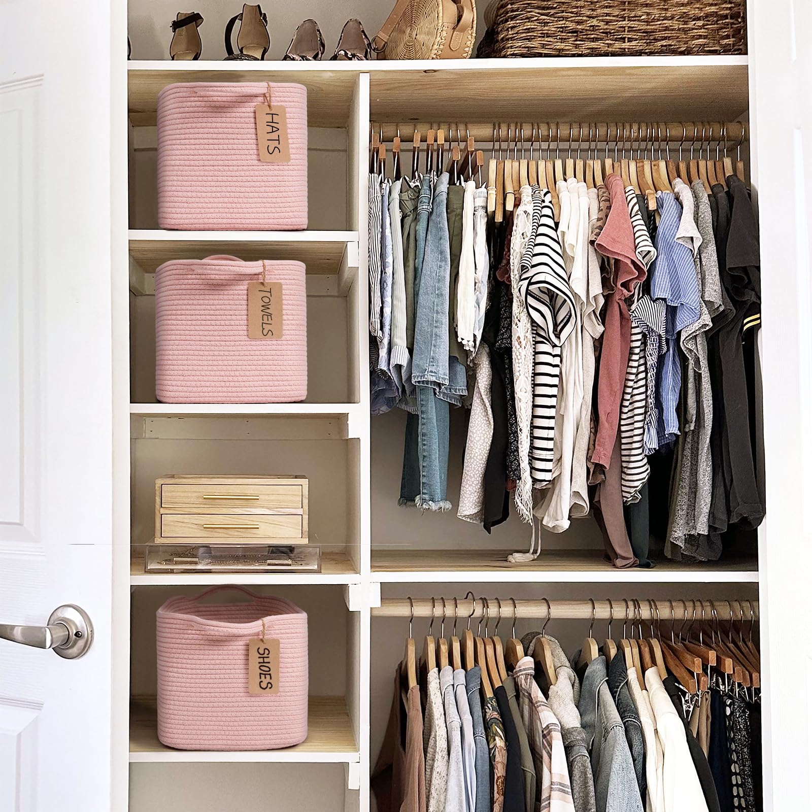 TIMEYARD Pink Cotton Rope Storage Basket Woven Shelf Basket for Organising