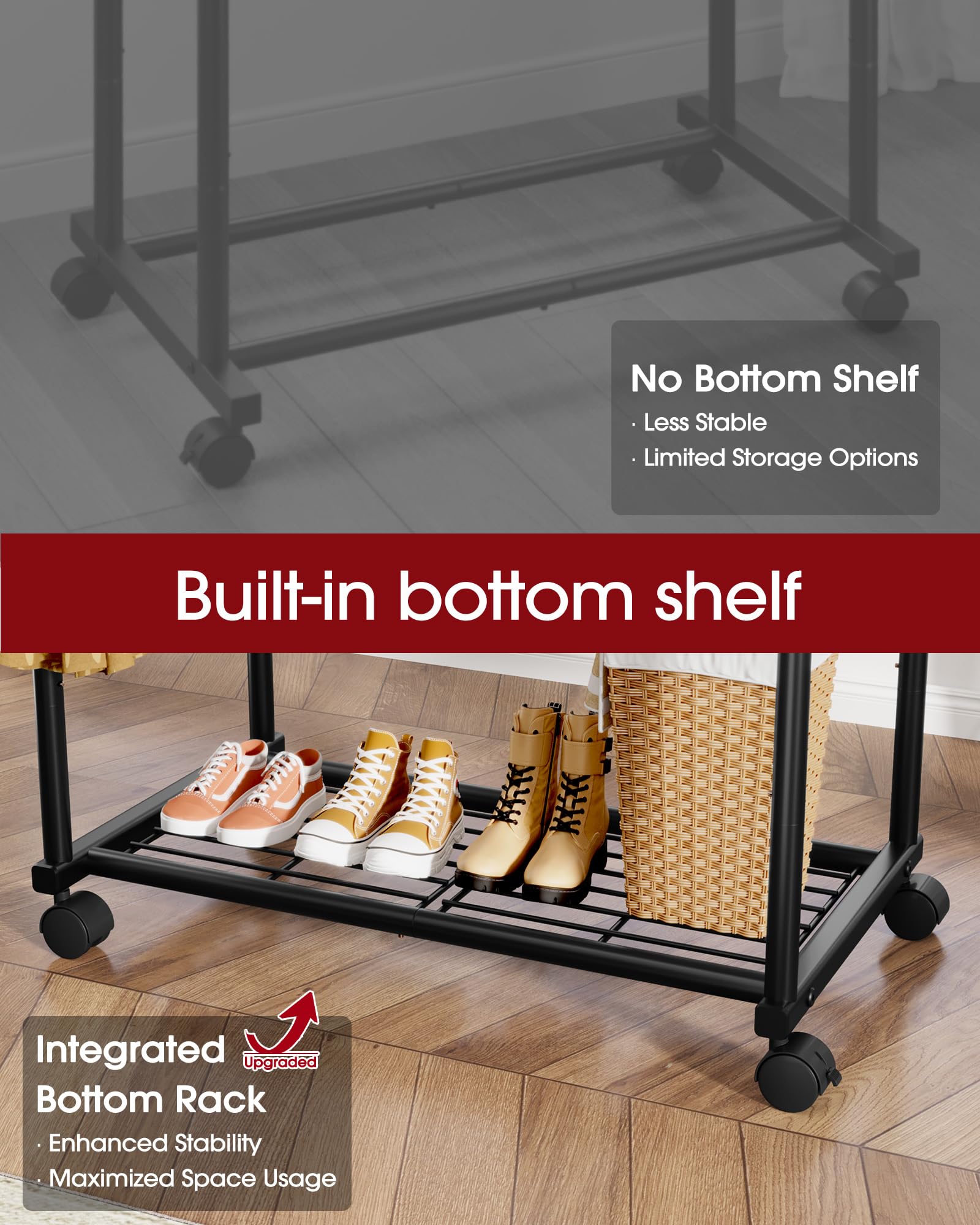 Sakugi Double Rod Clothing Rack with Shelf & Wheels, 98x42x150cm, Black