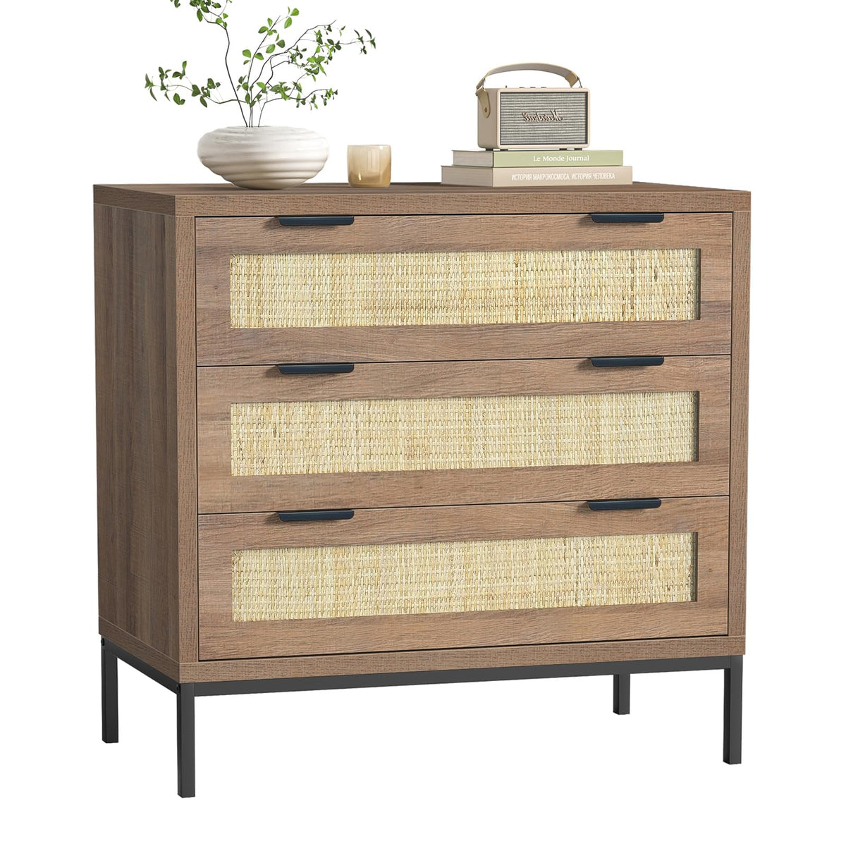 Skokliz Rattan Chest of Drawers with 3 Drawers, Storage Organizer for Bedroom, Wide Dresser Chest of Drawers, Modern Wooden Storage Unit for Hallway