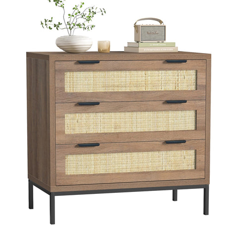 Skokliz Rattan Chest of Drawers with 3 Drawers, Storage Organizer for Bedroom, Wide Dresser Chest of Drawers, Modern Wooden Storage Unit for Hallway