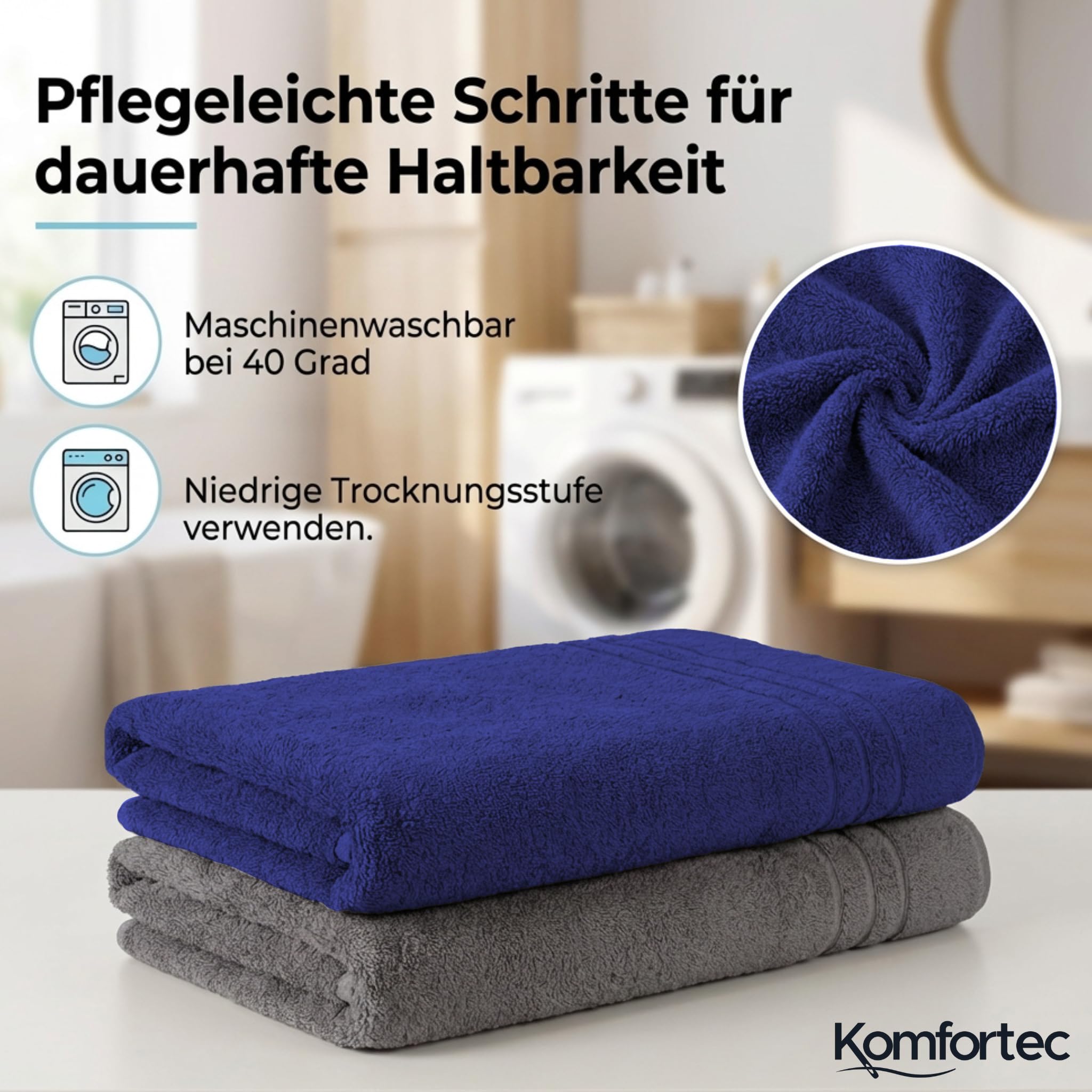 Komfortec Jumbo Bath Towels, 100% Cotton, Quick Dry, 80x200, Grey & Royal Blue