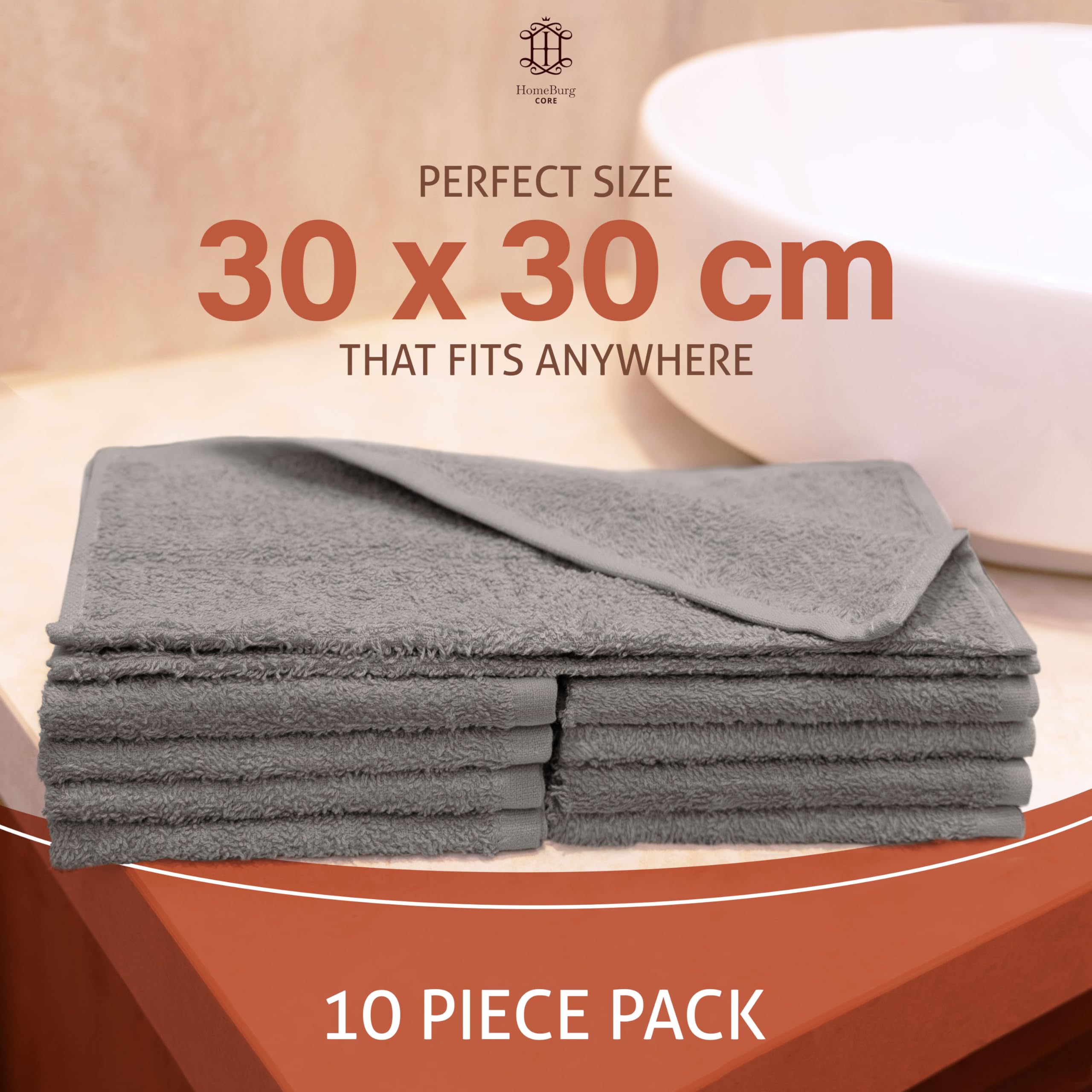 HomeBurg CORE 10-Piece Cotton Washcloths for Bathroom and Kitchen