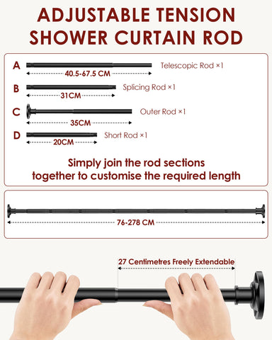 Shower Curtain Pole, Extendable No-Drill Tension Rod, Shower Pole & Curtain Set - Telescopic Shower Rail, 76-278cm, Rustproof Non-Slip