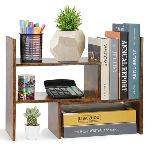 JIIKOOAI Wood Desk Storage Organizer, Desktop Display Shelf Rack, Rustic Bookshelf for Office & Home, Expandable Desktop Storage Rack