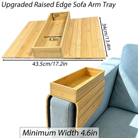 QQdou Bamboo Sofa Arm Tray — Foldable Couch Armrest Table with Cup Holder, Anti-Slip Wooden Arm Tray Organiser for Remote, Phone, Snacks & Drinks