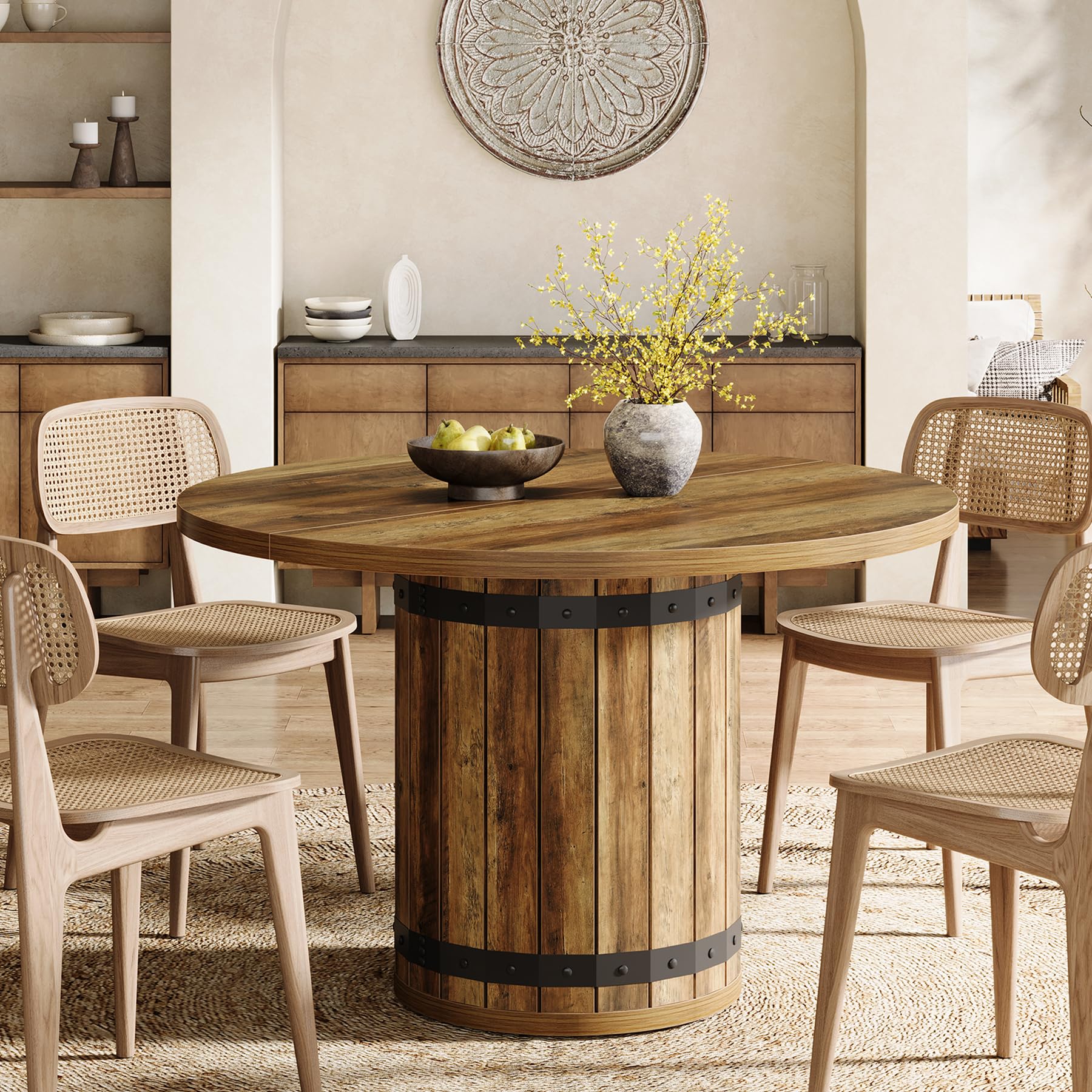 Tribesigns Round Dining Table for 4, 100cm Farmhouse Kitchen Table with Pedestal Base, Space-Saving Dinner Table for Small Dining Room, Living Room