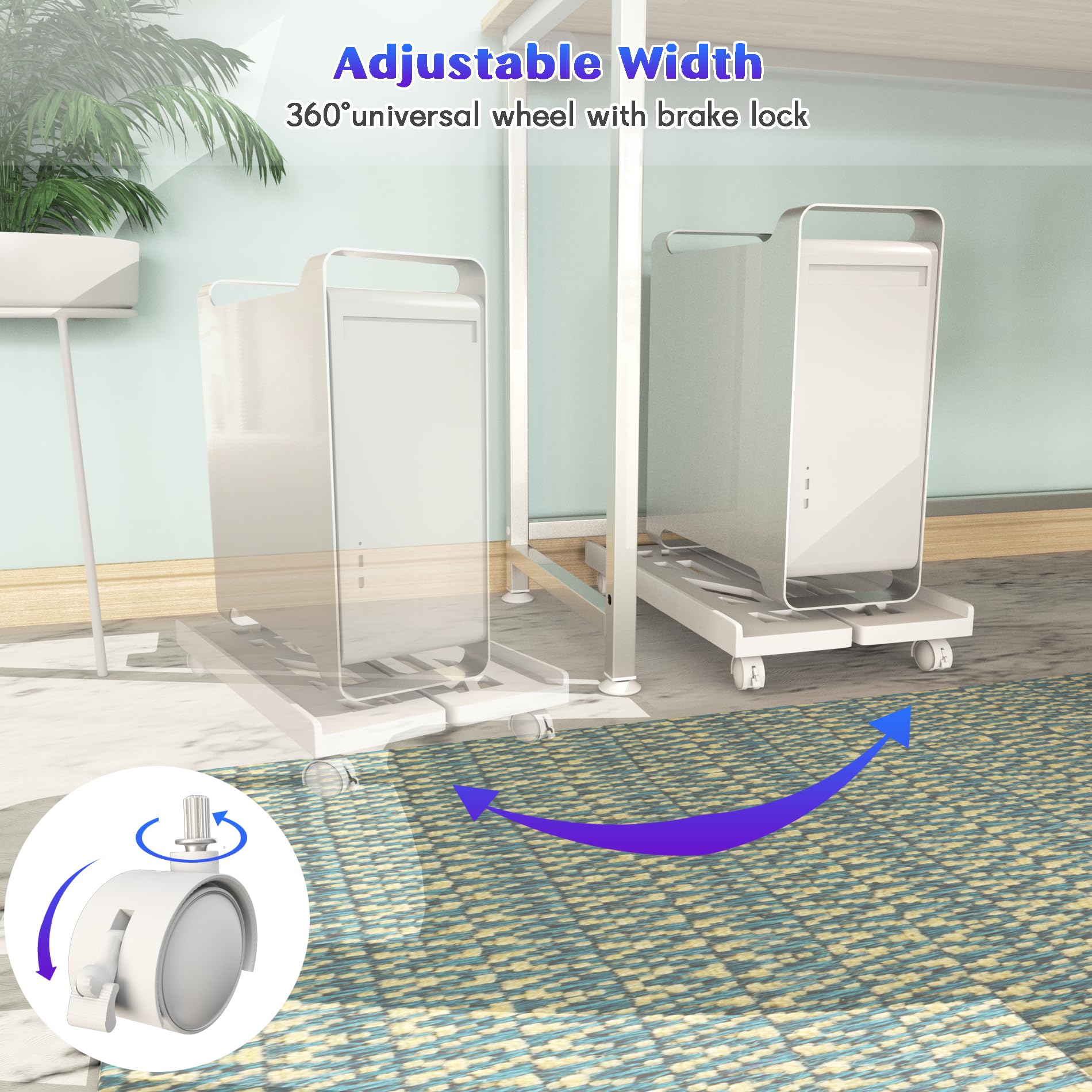 Qcdou Adjustable Mobile CPU Stand - Ventilated Tower Stand with 4 Caster Wheels, Fits Most PC, for Floor Carpet Gaming Case (White)