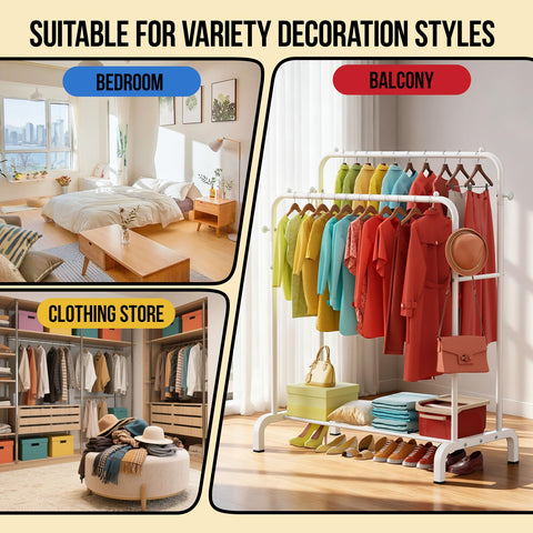 Clothes Rail With Shelves, Double Rods Clothing Rail for Bedroom, White