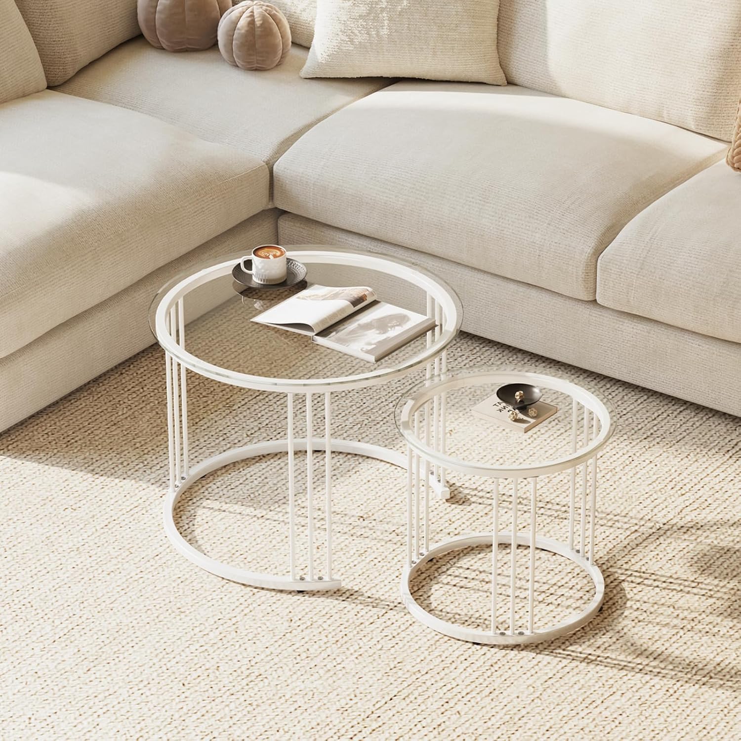 Huhote Round Coffee Tables, Set of 2 End Table, Nesting Tables, Side Table with Metal Frame for Living Room/Bedroom/Balcony/Office/Apartment