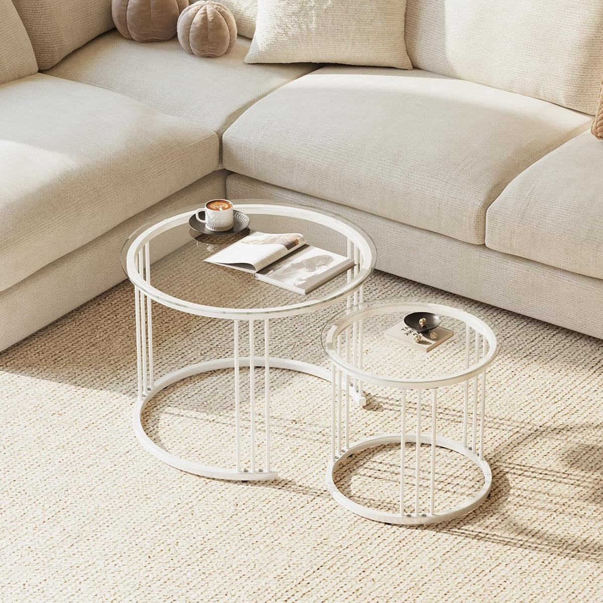 Huhote Round Coffee Tables, Set of 2 End Table, Nesting Tables, Side Table with Metal Frame for Living Room/Bedroom/Balcony/Office/Apartment