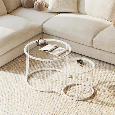 Huhote Round Coffee Tables, Set of 2 End Table, Nesting Tables, Side Table with Metal Frame for Living Room/Bedroom/Balcony/Office/Apartment