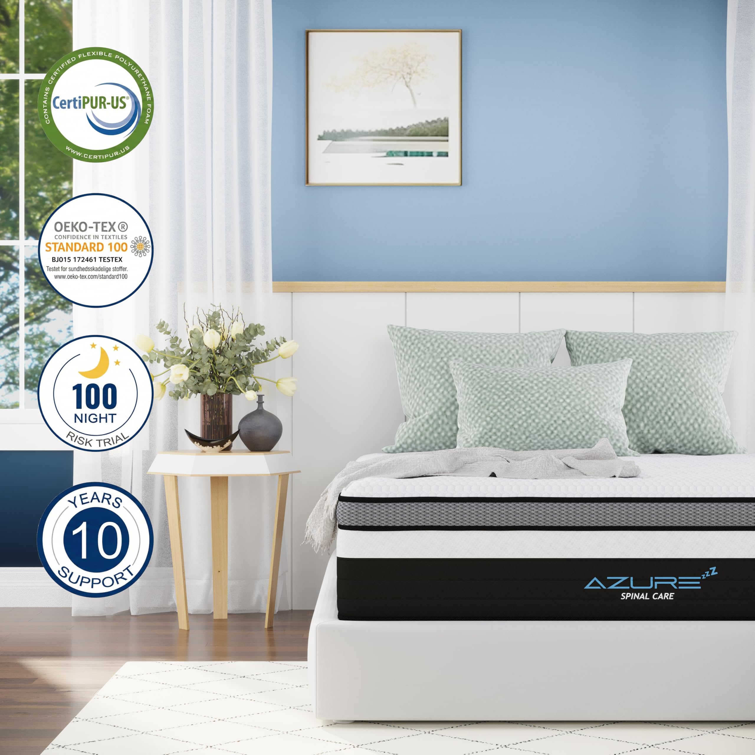 Azure Spinal Care 4FT6 Double Mattress - Medium Firm Orthopedic Support - 100 Night Trial - 10 Inch Hybrid Gel Memory Foam for Back Pain Relief