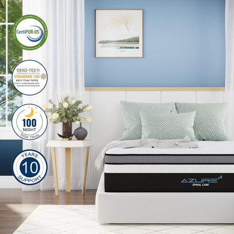 Azure Spinal Care 4FT6 Double Mattress - Medium Firm Orthopedic Support - 100 Night Trial - 10 Inch Hybrid Gel Memory Foam for Back Pain Relief
