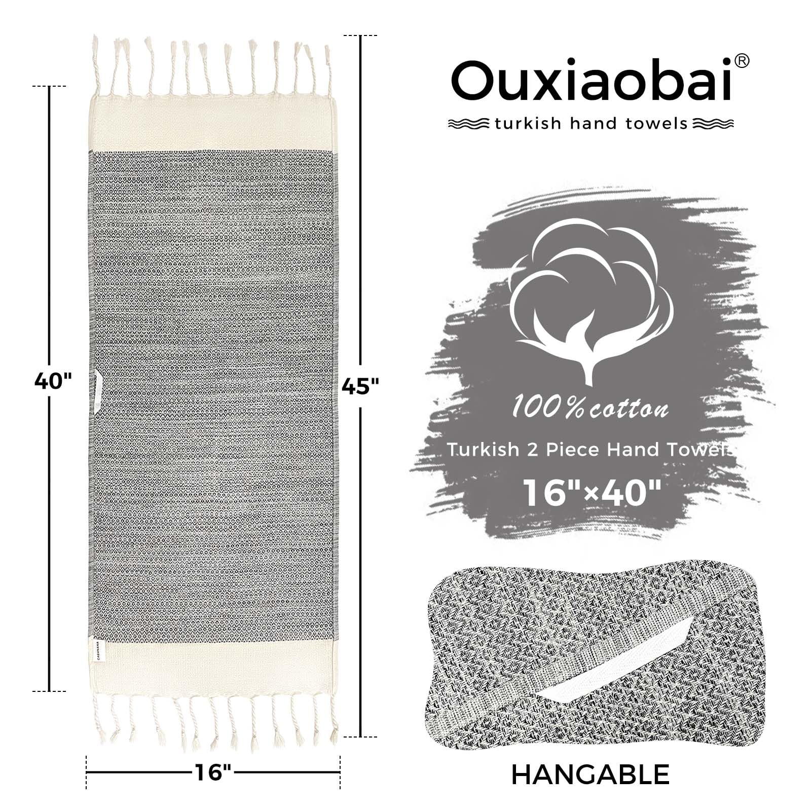 Ouxiaobai Hand Towels for Bathroom - Pack of 2 Turkish Hand Towels Set, Thin Decorative Tea Towel, 16x40 Inch Kitchen Cloth with Tassel