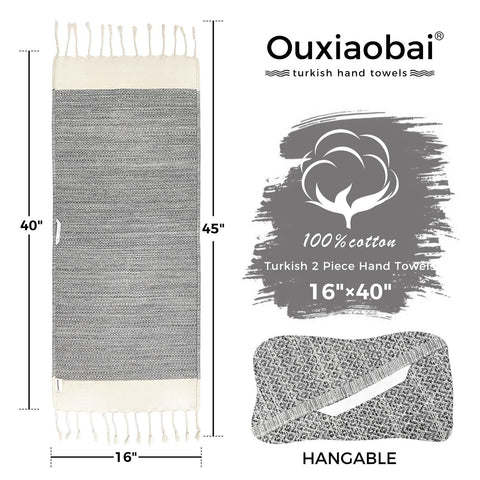 Ouxiaobai Hand Towels for Bathroom - Pack of 2 Turkish Hand Towels Set, Thin Decorative Tea Towel, 16x40 Inch Kitchen Cloth with Tassel