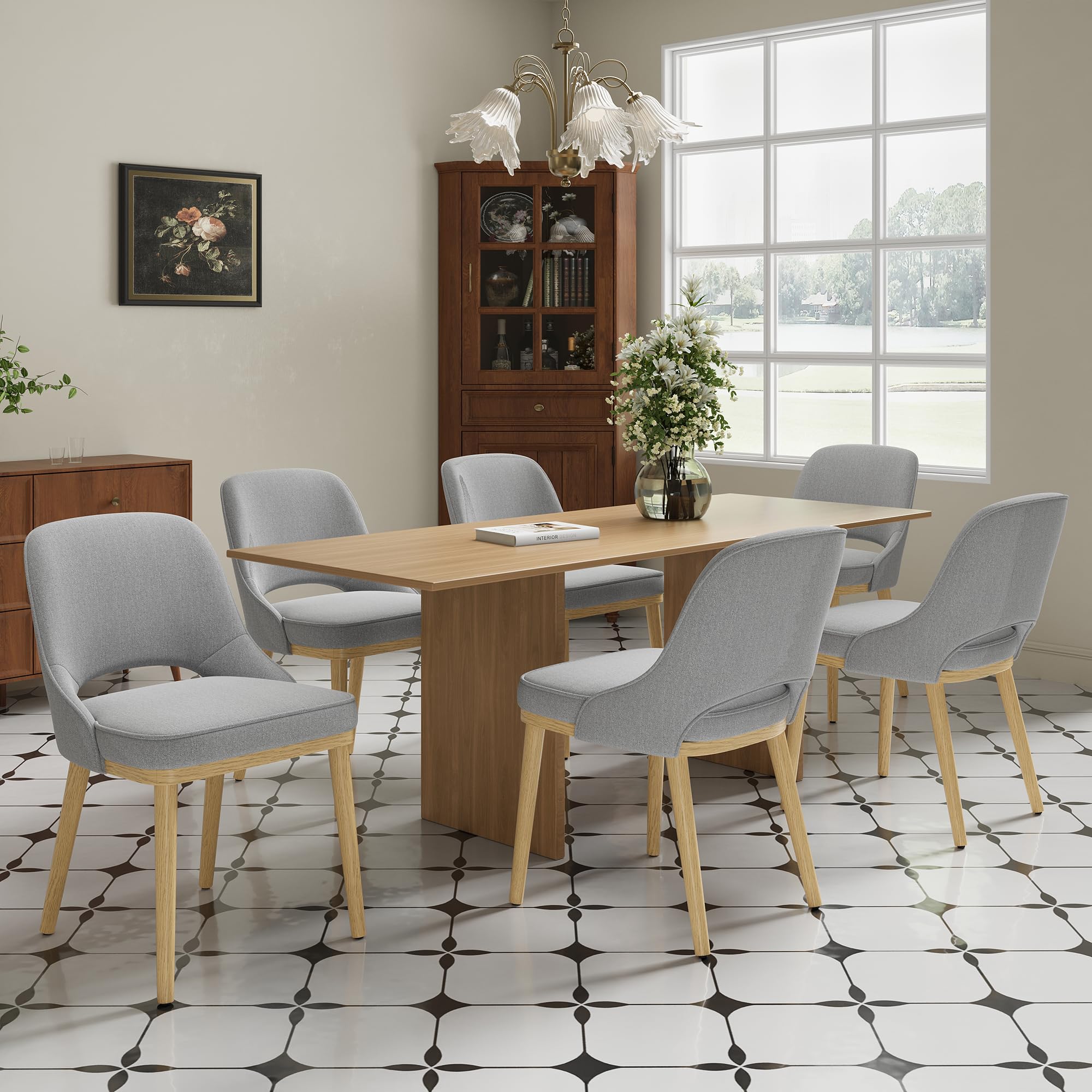 Dining Chairs Set of 6, Upholstered Dining Room Chairs with Chenille Fabric, Ergonomic Backrest, High Density Cushion & Rubber Wood Frame