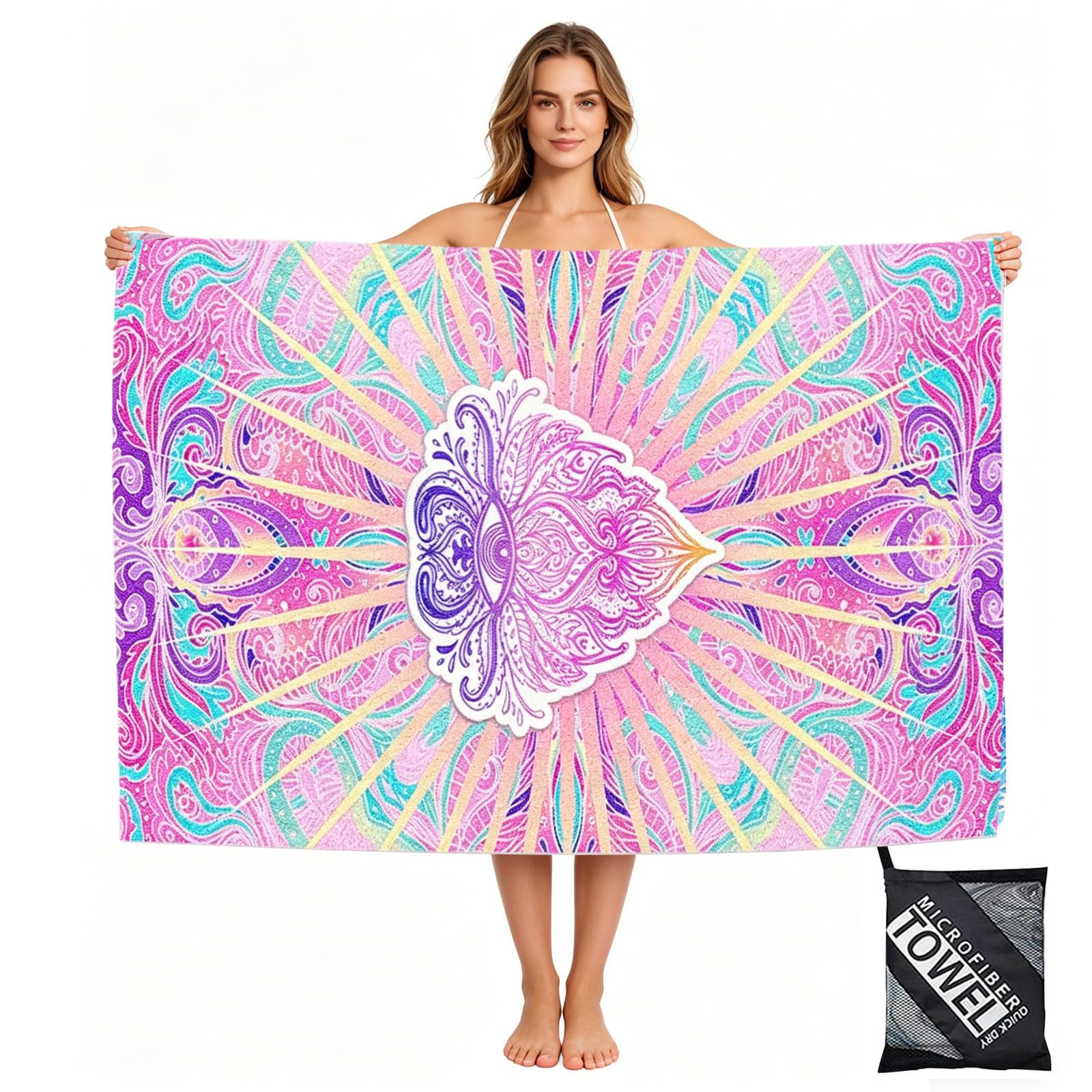 yayafunfun Large Quick Dry Microfibre Beach Towels for Adults, 160X90cm Pink Eyes Bath Towel Travel Towels with Pocket