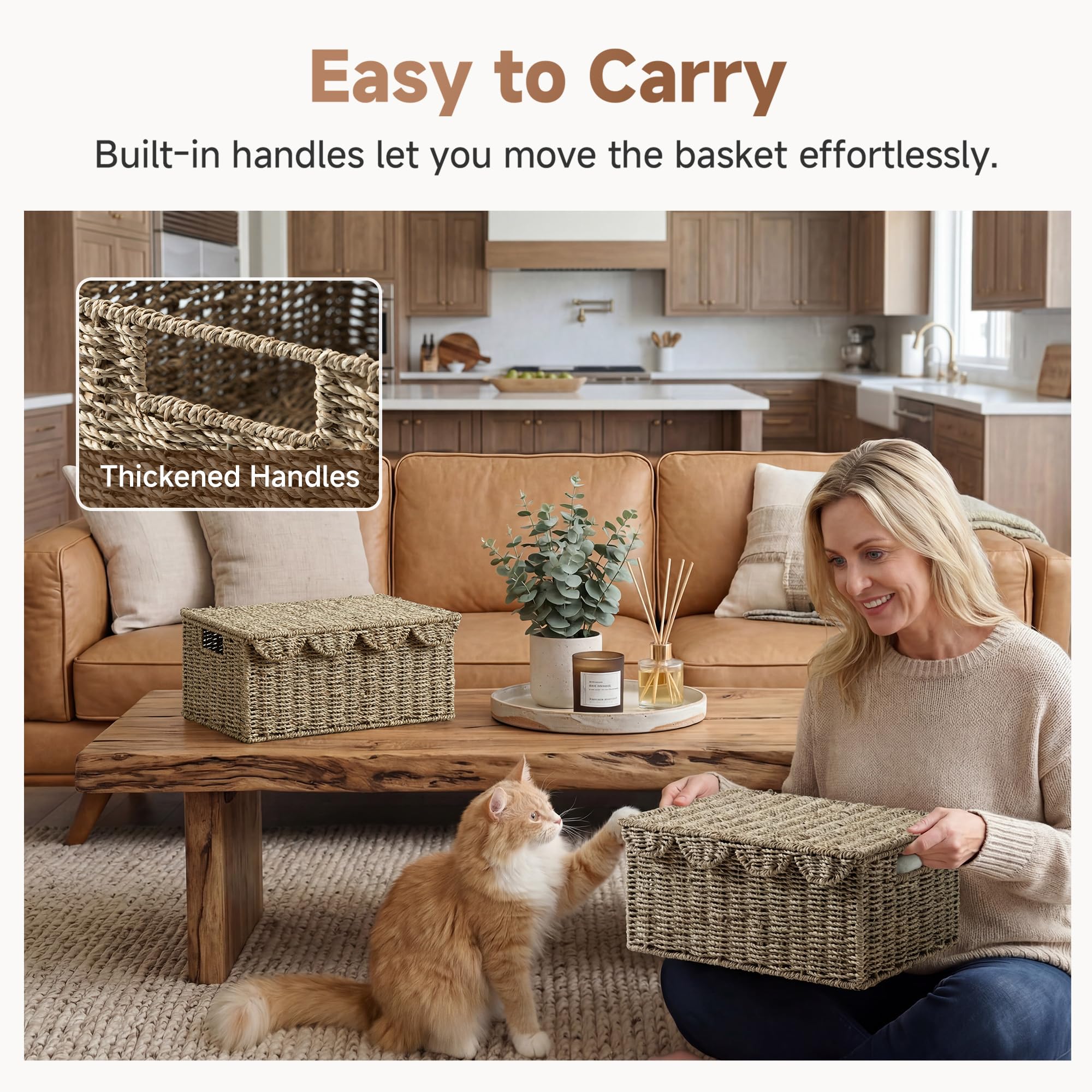 StorageWorks Scalloped Edge Wicker Basket with Lid, Handwoven Natural Seagrass Basket for Décor, Shelves, Nursery Room