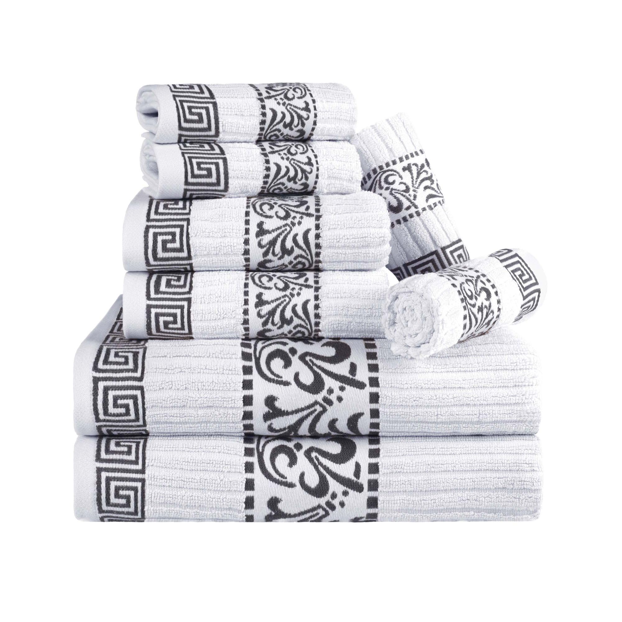 Superior 8-Piece Cotton Towel Set, Decorative Greek Pattern, Home Essentials, Absorbent Towels, Decor for Bathroom, Spa, Includes 2 Hand