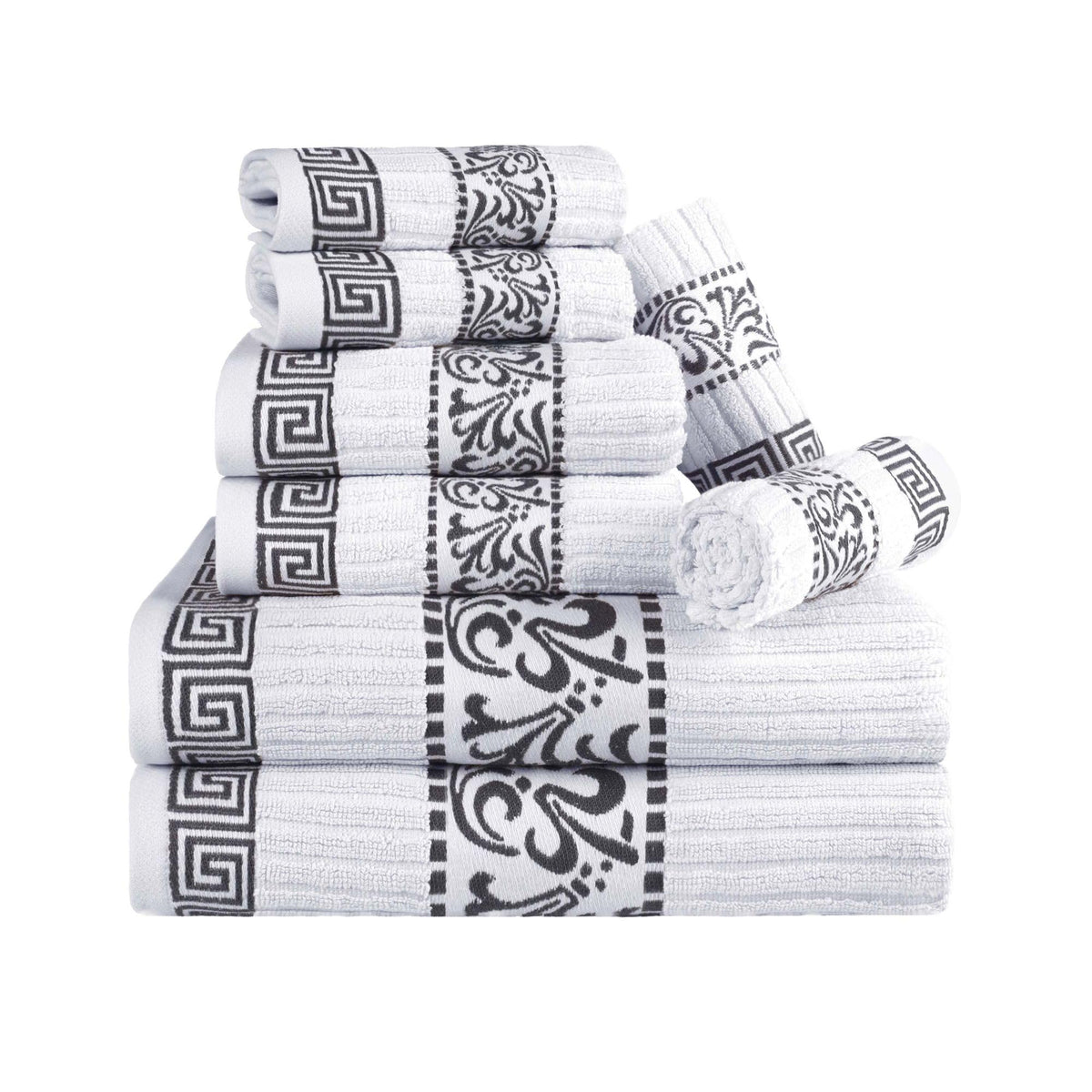 Superior 8-Piece Cotton Towel Set, Decorative Greek Pattern, Home Essentials, Absorbent Towels, Decor for Bathroom, Spa, Includes 2 Hand