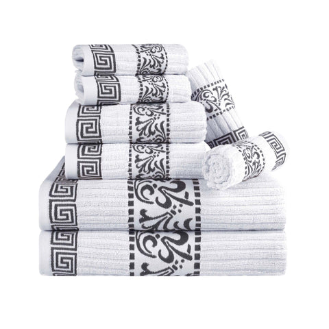 Superior 8-Piece Cotton Towel Set, Decorative Greek Pattern, Home Essentials, Absorbent Towels, Decor for Bathroom, Spa, Includes 2 Hand