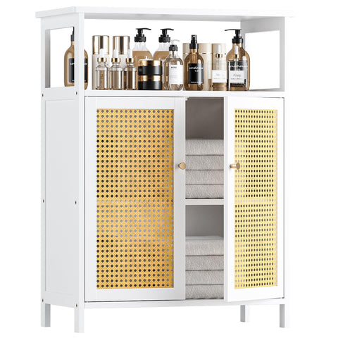 HITNET Bamboo Cabinet, Bathroom Storage Cabinet with Rattan Doors, Freestanding Floor Cupboard for Living Room, Hallway, Entryway, White