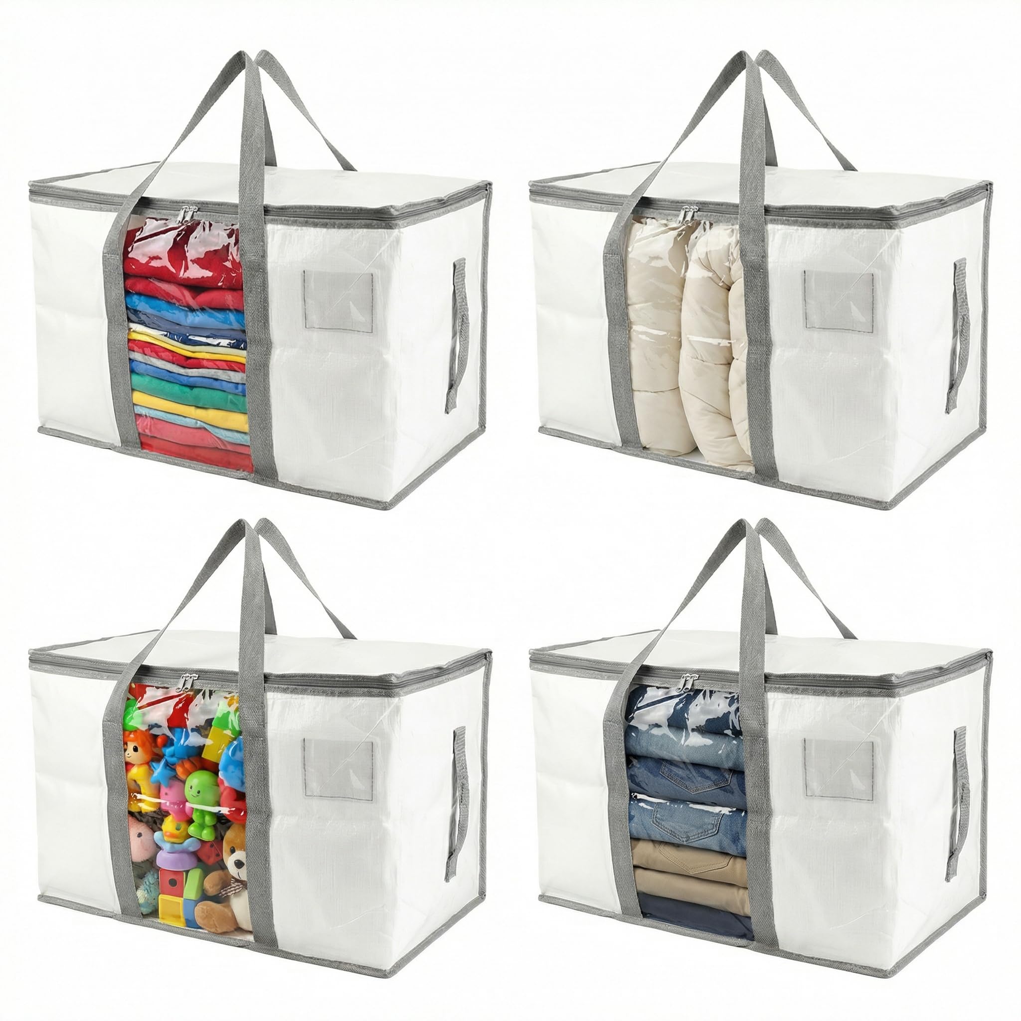 RLAVBL 90L Storage Bags with Zips 4 Pack, Heavy Duty Large Moving Bags with Handles and Label Pocket, Clear Window Packing Laundry Bags for Clothes