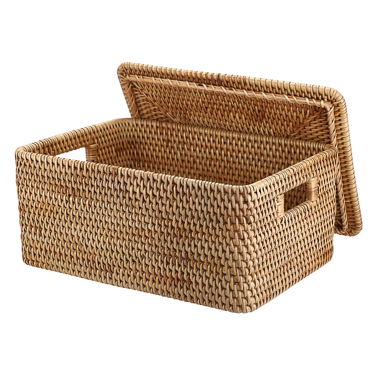 IGNPION Rattan Storage Basket With Lid, Wicker Decorative Storage Basket for Shelves Bathroom Woven Storage Box