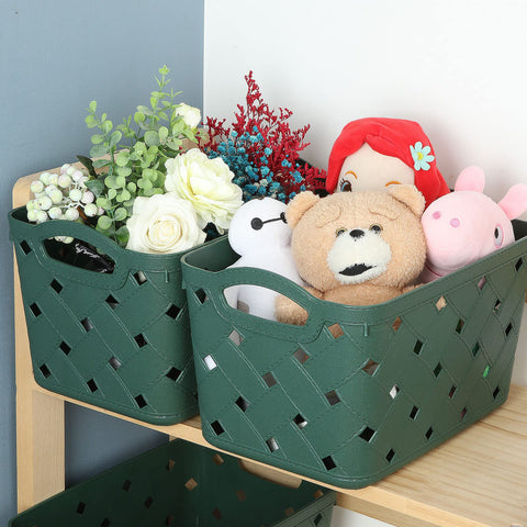 ASelected 4 Pack Plastic Woven Storage Basket With Handles, Middle 27.5x18.5x17.5cm, Beautiful Fashionable, Skin Pattern Cross Woven, For Kitchen