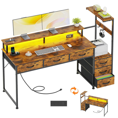 WEMANER 151cm Computer Desk with 6 Fabric Drawers, Reversible Home Office Desk with Printer Cabinet, Writing Desk with Monitor Stand & Power Outlets