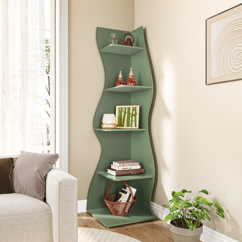 LITTLE TREE Small Corner Shelf, Modern 5-Tier Wall Corner Bookshelf, Stylish Bookcase Storage Rack for Small Space, Living Room, Bedroom Green