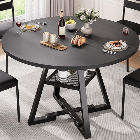 Jocoevol Round Dining Table for 2 People, Circle Dinner Table with Shelves, Space Saving Wood Kitchen & Dining Room Furniture (Black, 31 inch