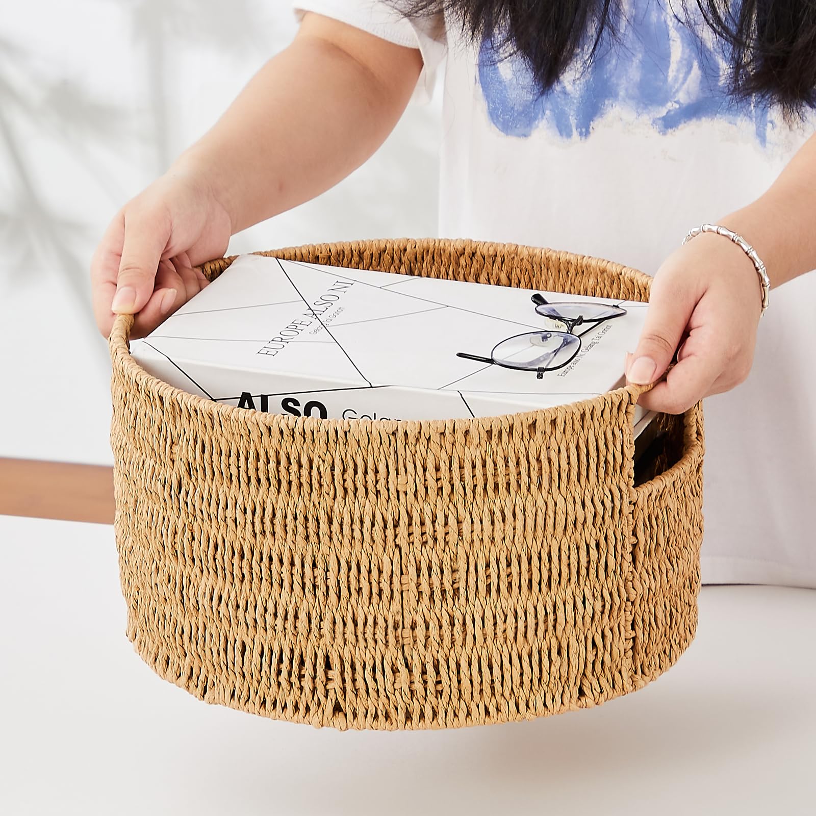 Vagusicc Woven Storage Baskets Set of 3, HandWoven Round Wicker Storage Basket with Handles, Natural Wicker Shelf Baskets Organizer