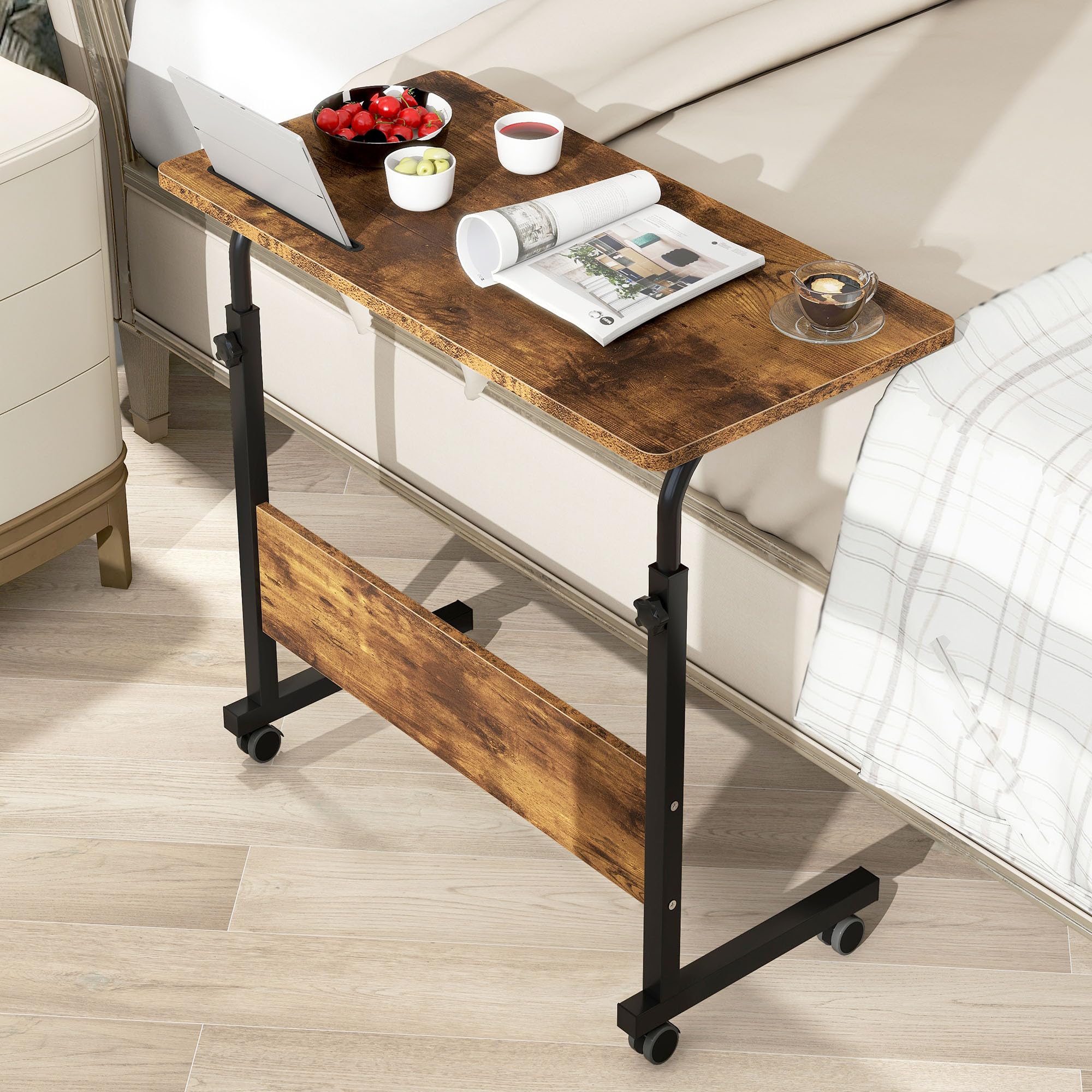 sogesfurniture Height-adjustable laptop table, computer desk with tablet slot, 80 x 40 cm, PC table, sofa table, care table, side table with wheels