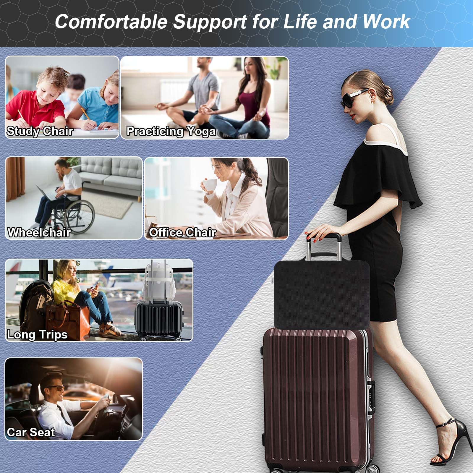 Airllantry Seat Cushion, Gel Seat Cushion for Long Sitting– Back, Sciatica, Tailbone Pain Relief Pad, 19in Seat Pad for Car, Office Chair, Wheelchair