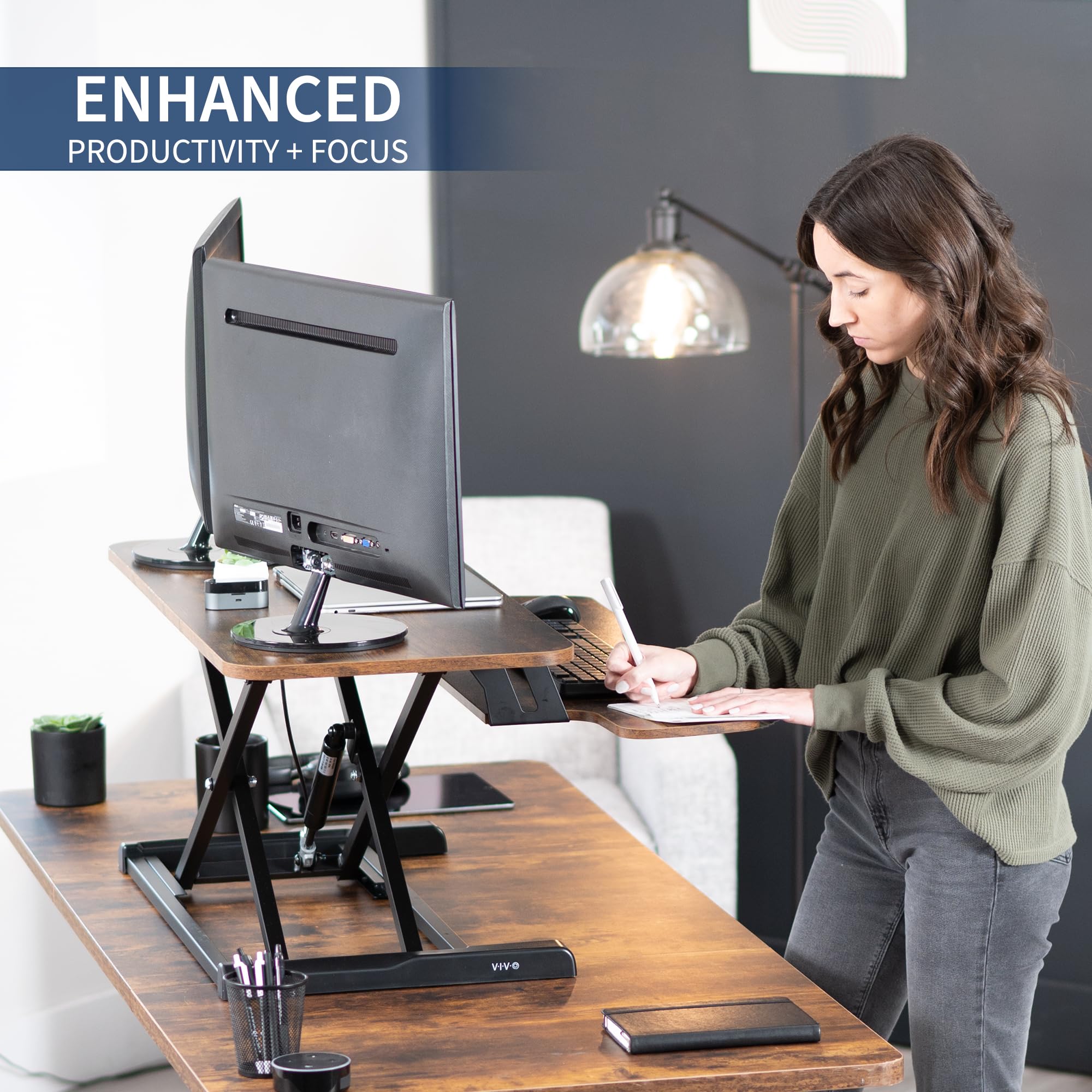 VIVO 91 cm Desk Converter, K Series, Height Adjustable Sit to Stand Riser, Dual Monitor and Laptop Workstation with Wide Keyboard Tray